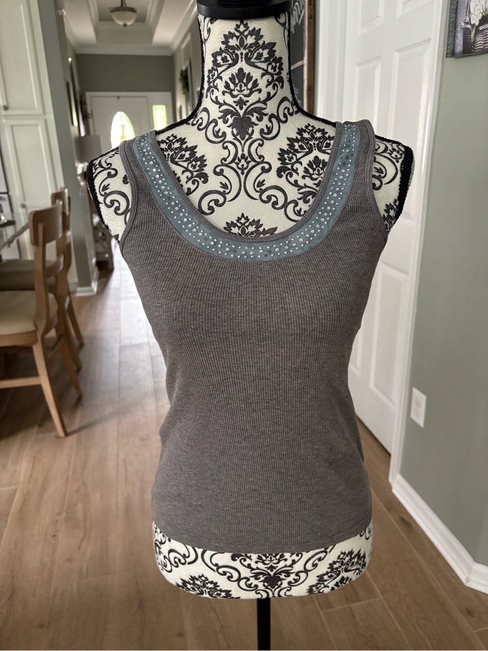 Ribbed Tank Top with Embellished Scoop Neck - Gray